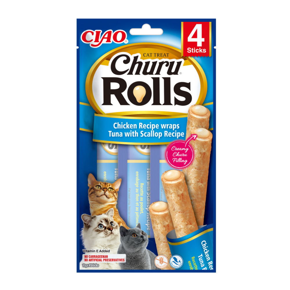 INABA CHURU ROLLS CAT TREAT CHICKEN-TUNA-SCALLOPS 4STICKS-4Ogr