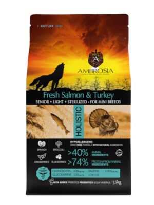 ΣΚΥΛΟΤΡΟΦΗ AMBROSIA GF ADULT MINI SENIOR LIGHT/STERILISED FRESH SALMON/TURKEY 1,5kg